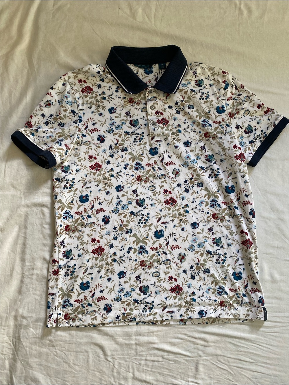 Perry Ellis White Floral Polo with Navy Trim